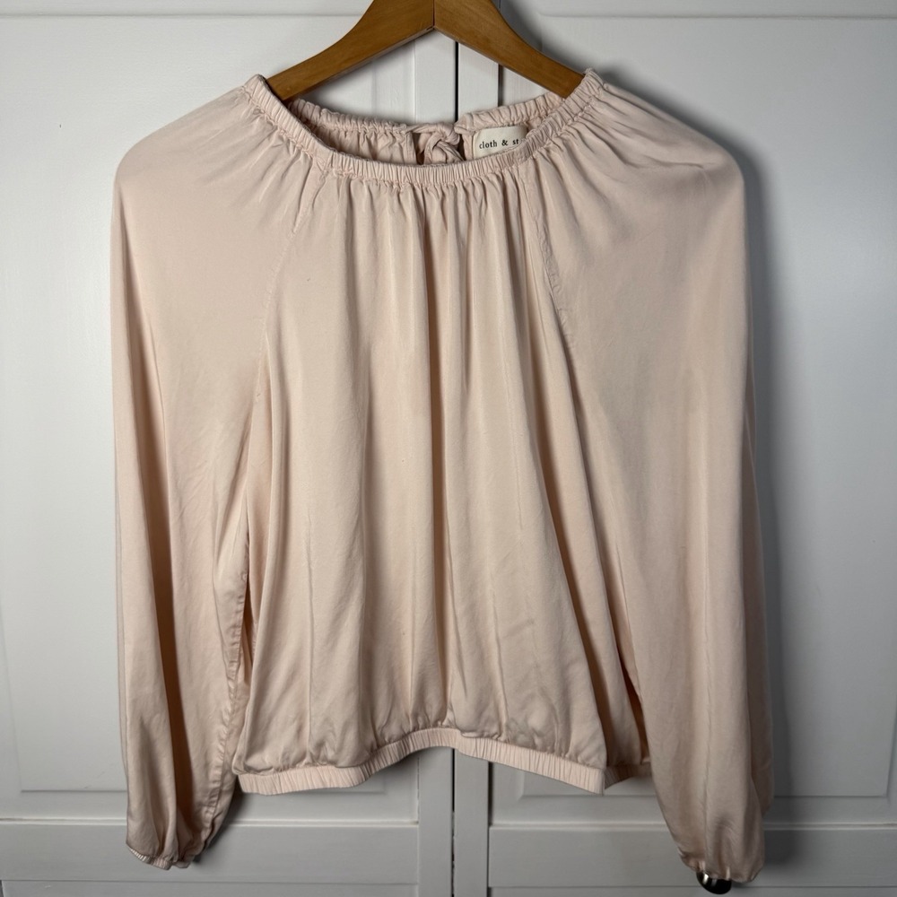 Anthropologie Cloth & Stone Blouse Women's L Pink Satin Tie Back Long Sleeve Top
